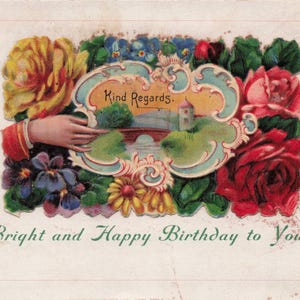 Every Good Wish – Carte postale ancienne de vœux d’anniversaire avec fleurs et paysage charmant