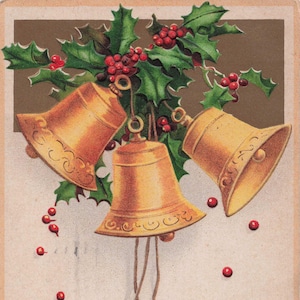 Natale: cartolina d'epoca del 1907 con stampa in rilievo "Un felice Natale" con campanellini e agrifoglio - International Art Publishing Co.