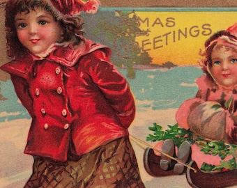 Antique 1909 Christmas Postcard | Victorian Children Sledding Scene, Embossed Holiday Card