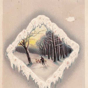 Ano Novo: Cartão postal vintage de feliz ano novo de 1911 com cena de inverno no campo