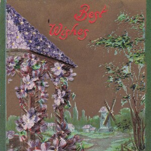 Meilleurs voeux : carte postale « Meilleurs voeux » ancienne avec fleurs violettes et détails en relief