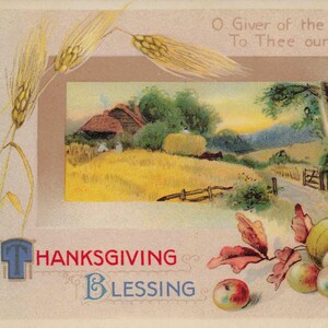 Carte Postale Ancienne de Thanksgiving - Carte de Vœux Vintage du Début des Années 1900 - "Thanksgiving Blessing" avec Scène de Récolte
