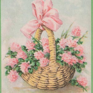Geburtstag: Antike Geburtstagspostkarte – Rosa Nelken & Schleife im Korb | Chas. S. Clark Co. Series No. 5 (frühen 1900er Jahren)