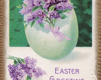 Antique Easter Postcard | Lilacs in Egg Vase | Embossed Floral Greeting 1912