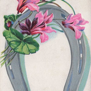 Melhores desejos: Cartão postal vintage "Ferradura e flores cor-de-rosa" por volta de 1910
