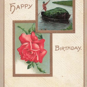 Antike Postkarte "A Happy Birthday" mit Rose und Bootsszene - Frühes 20. Jahrhundert