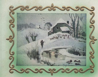 Antikt julvykort – Präglad vinterscen – Vintage julhälsning