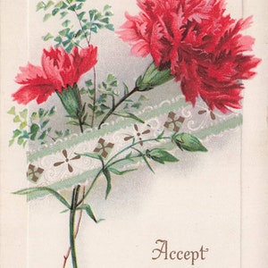 Noël : carte postale de voeux florale vintage du début des années 1900 - Éphémères de collection avec oeillets rouges et motif dentelle