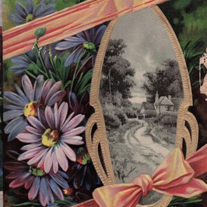 Carte Postale Ancienne 1910 - Fleurs et Paysage - Design en Relief - Envoyée en Indiana