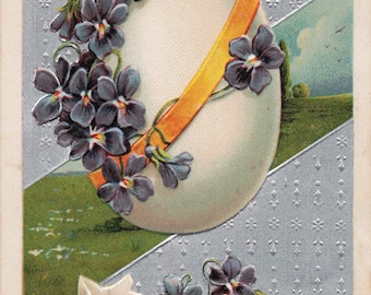 Antique Easter Postcard | Embossed Egg, Violets, Postmarked Greetings