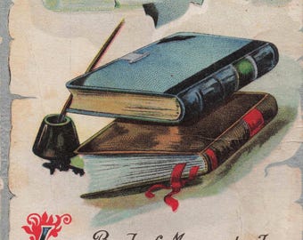 Antique Friendship Postcard – 1911 Literary Greeting Card, Books, Ink Well