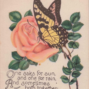 Beste Wünsche: Vintage Schmetterling und Rose Postkarte - Ruth McEnery Stuart Gedicht - Anfang 1900s Antique Ephemera