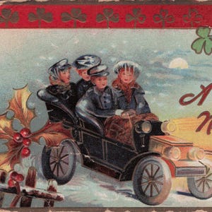 Ano Novo: Cartão postal antigo de Ano Novo da década de 1910 – Um passeio de feliz ano novo em um carro antigo