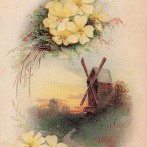 Pasqua: Antica cartolina di auguri pasquale - Mulino a vento e ciondolo floreale giallo (anni '900)