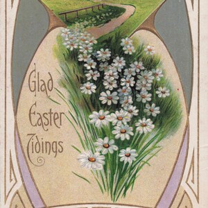 Pasqua: Antica cartolina di Pasqua "Glad Easter Tidings" con campanelli e sentiero di margherite (primi anni del 1900)