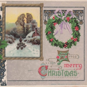 Natale: Antica cartolina di Natale - Agrifoglio in rilievo e scena invernale (1910) - Rara cartolina di Natale d'epoca