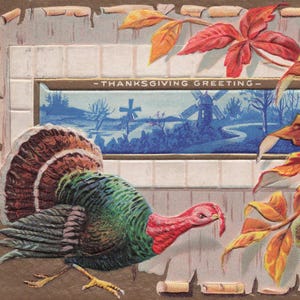 Carte postale vintage de Thanksgiving 1914 avec dinde et feuillage d'automne | Design en relief | Carte de vœux de vacances antique