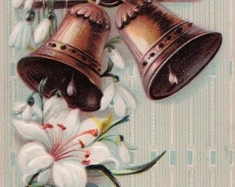 Antique “A Bright and Happy Easter” Postcard – Embossed Easter Bells & White Lily Greeting Card