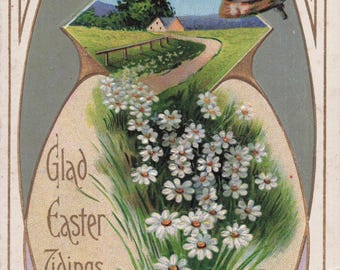 Postal antigua de Pascua: Campanas, margaritas y "Felices noticias de Pascua" (principios del siglo XX)