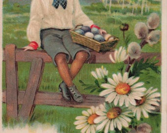 A Happy Easter - Antique Postcard – Sweet Child with Basket of Eggs & Daisies-