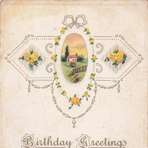 Carte postale vintage de vœux d'anniversaire avec design floral et paysage en relief