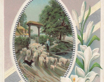 Vintage Osterpostkarte von 1910: Pastorale Szene, Osterlilien