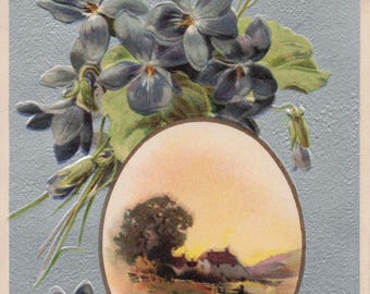 Antique Violet Postcard – Embossed Floral New Year Greeting Card