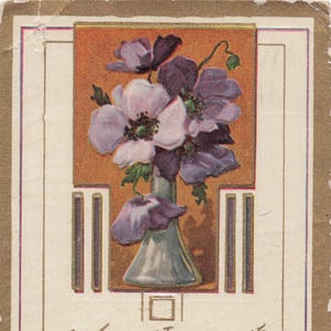 Dia dos Namorados: Os pássaros deixarão de cantar…” – Cartão postal romântico antigo com anêmonas roxas, c. 1910