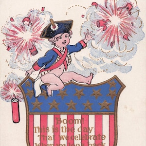 Carte postale antique de 1907 pour le 4 juillet - Célébration patriotique avec feux d'artifice