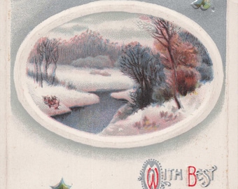 Antike Neujahrskarte – Geprägte Winterlandschaft mit Stechpalmen