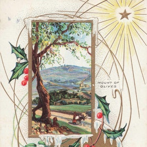 Natale: Antica cartolina di Natale "Monte degli Ulivi" - Cartolina di auguri natalizi panoramica d'epoca (1912)