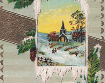Antique Christmas Greetings Postcard – Snowy Church Scene with Pinecones & Icicles | Embossed Holiday Card