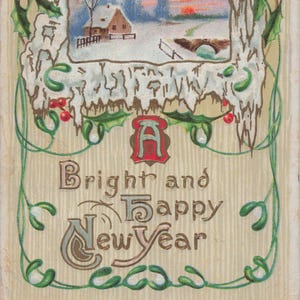 Une Nouvelle Année Lumineuse et Heureuse – Carte Postale Ancienne des Années 1910 avec Scène Hivernale en Relief