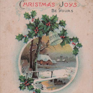 Que toutes les joies de Noël soient vôtres – Carte postale ancienne avec scène de village enneigé et cloches