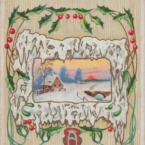 Une Nouvelle Année Lumineuse et Heureuse – Carte Postale Ancienne des Années 1910 avec Scène Hivernale en Relief