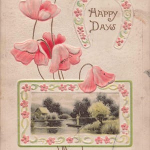Carte postale ancienne "Happy Days" – Fer à cheval porte-bonheur & doux pois de senteur