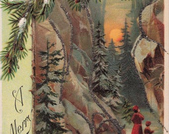 Antique “A Merry Christmas” Winter Mountain Scene Postcard – Glittered Holiday Greeting Card