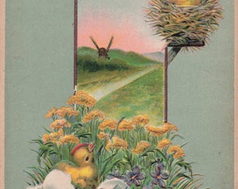 Antike Osterpostkarte: Küken, Nest, Landschaftsmotiv (Made in Germany)