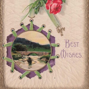 Auguri: cartolina antica "Auguri" del 1912 - Rose rosa e vista panoramica sul ponte - Stampata in rilievo e timbrata dal Vermont