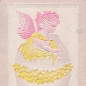 Ostern: Antike geprägte "Ostergrüße" Postkarte mit Engelanhänger - 1910 Sammlerstück."