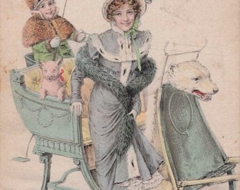 Antique New Year Postcard – Victorian Lady, Polar Bear Sleigh, Child, Piglet Greeting