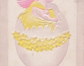 Antike geprägte "Ostergrüße" -Postkarte mit Engelanhänger - 1910 Sammlerstück."