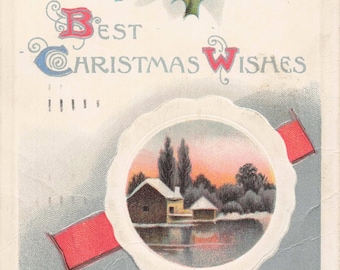 Vintage 1914 Christmas Postcard: Embossed Horseshoe & Holly, Winter Scene