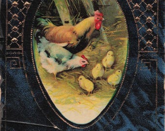 Antique Embossed Easter Postcard – Hen Chicks Farm Scene (1917) – Rustic Poultry Artwork