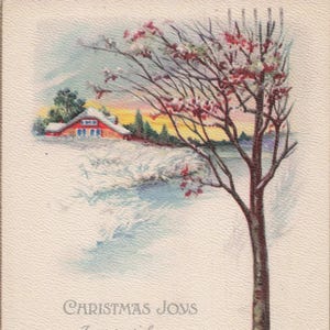 Natale: Cartolina di Natale antica - "Gioie del Natale" - Paesaggio innevato e scena di cottage invernale - Timbro postale del 1929