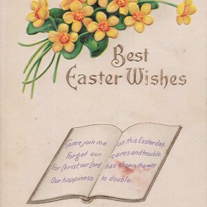 Ostern: Antike Osterpostkarte “Best Easter Wishes” mit Osterglocken & religiöser Vers (1900er Jahre)