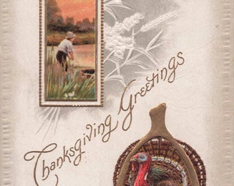 Carte postale antique de Thanksgiving 1910 | Dinde & Porte-bonheur | Embossée | Envoyée depuis Waterbury, CT