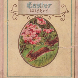 Páscoa: Cartão postal antigo com desejos de Páscoa ALEGRES – Tipografia Art Nouveau e coelhos saltando – Charme vintage do início dos anos 1900!