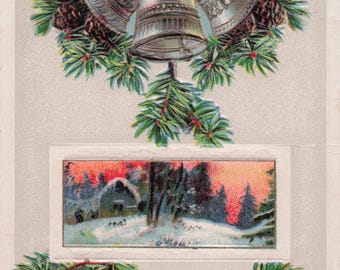 Antique Embossed Christmas Greetings Postcard – Silver Bells, Snowy Cabin & Pine Garland Holiday Card
