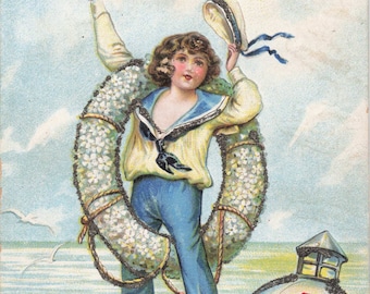 Antike Neujahrs Postkarte: Geprägter Sailor Boy, 1908